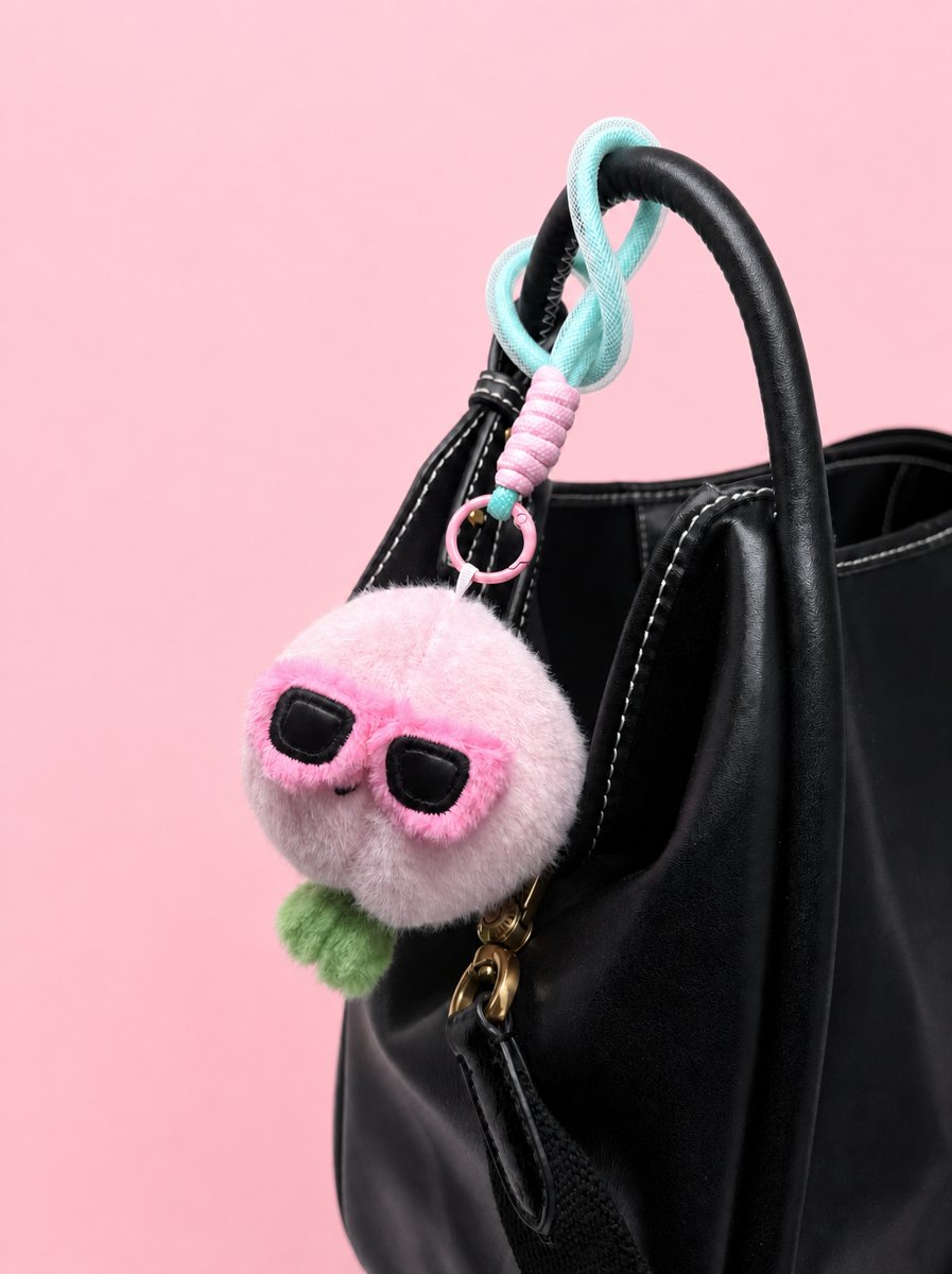 Peach charm on a black bag