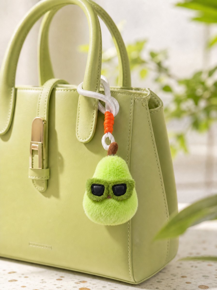 Pear charm on a green handbag