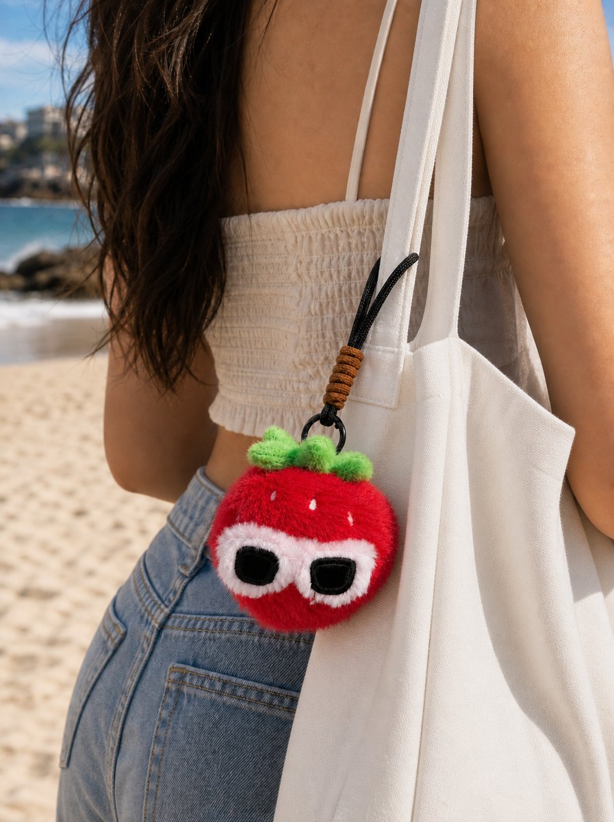 Strawberry charm on a white tote
