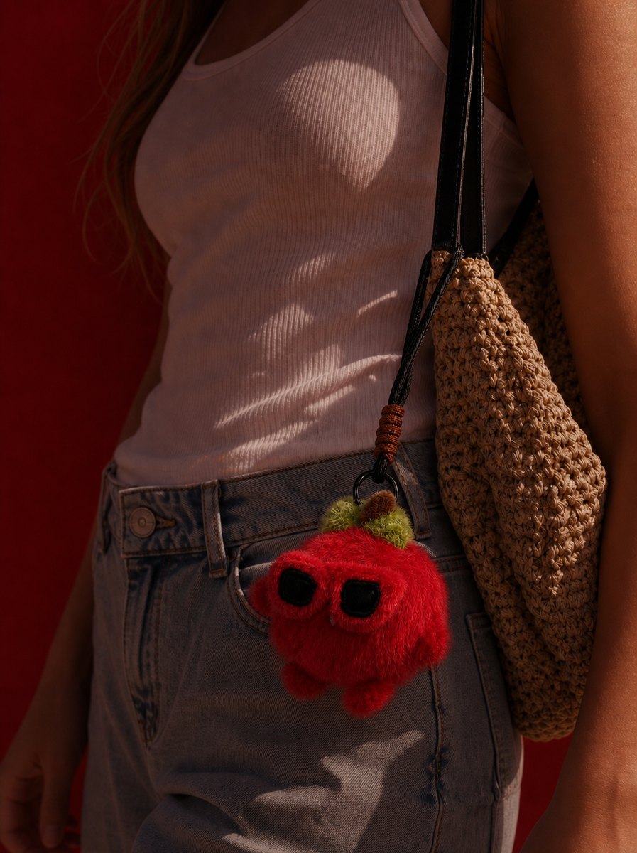 Strawberry charm on a woven bag